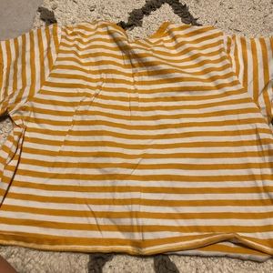 yellow stripped crop top shirt, Front says “good vibes only” super cute :)